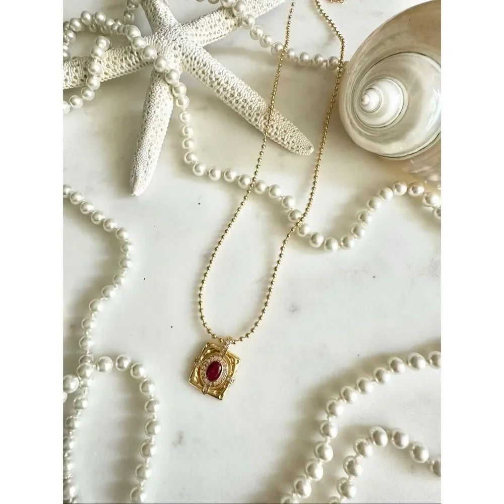 Ruby pink gold ball chain link necklace